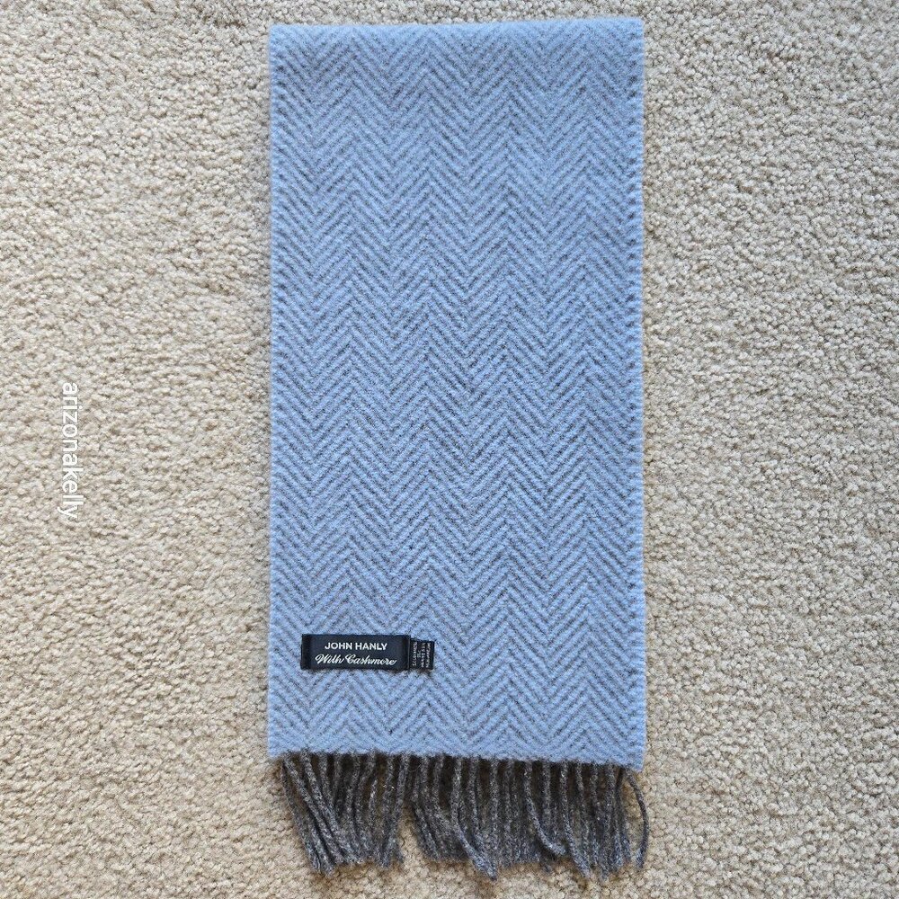John Hanly Merino Wool & Cashmere Herringbone Scarf Grey Blue Thick Ireland